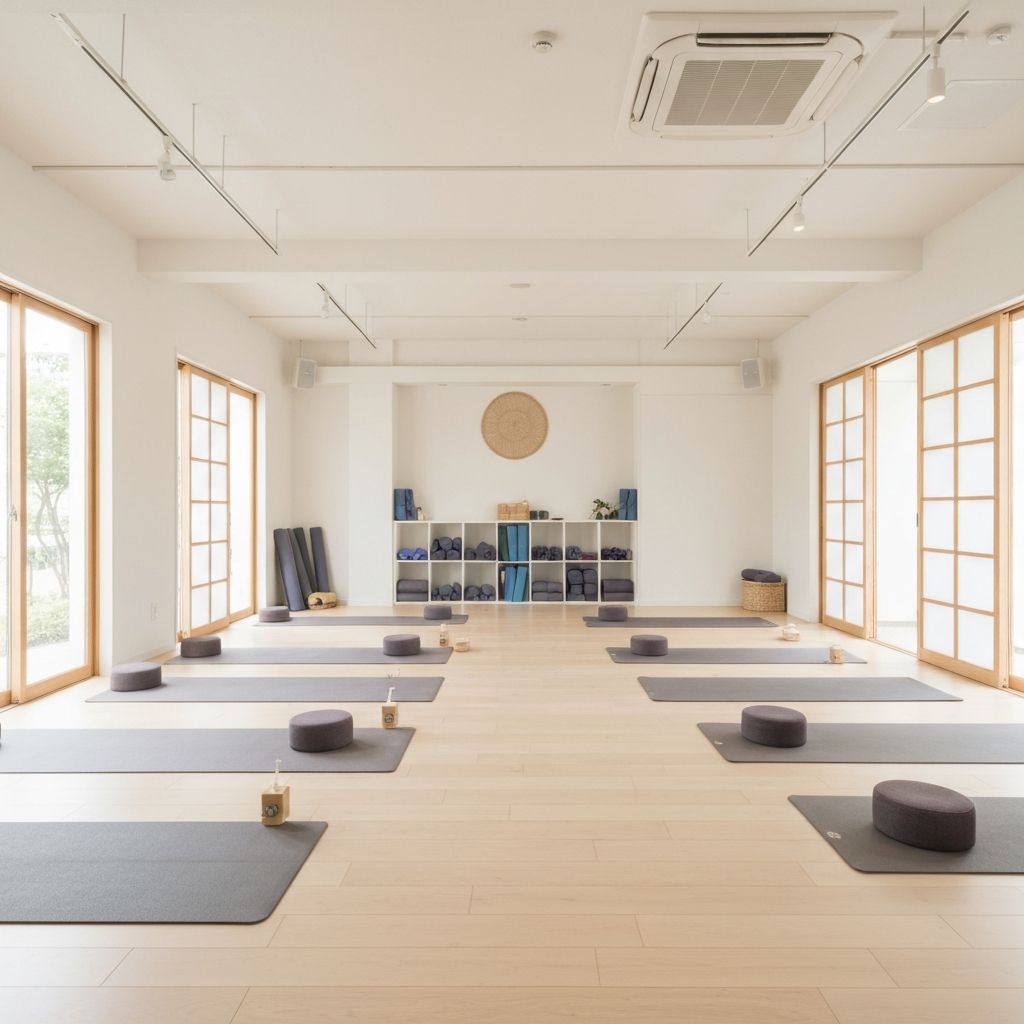 YogaEase Studio interior with yoga mats and peaceful atmosphere