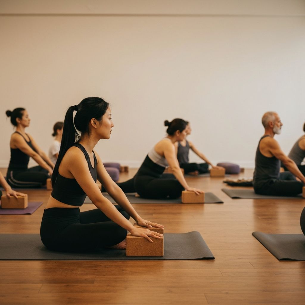 Restorative yoga session with students in relaxing poses using props
